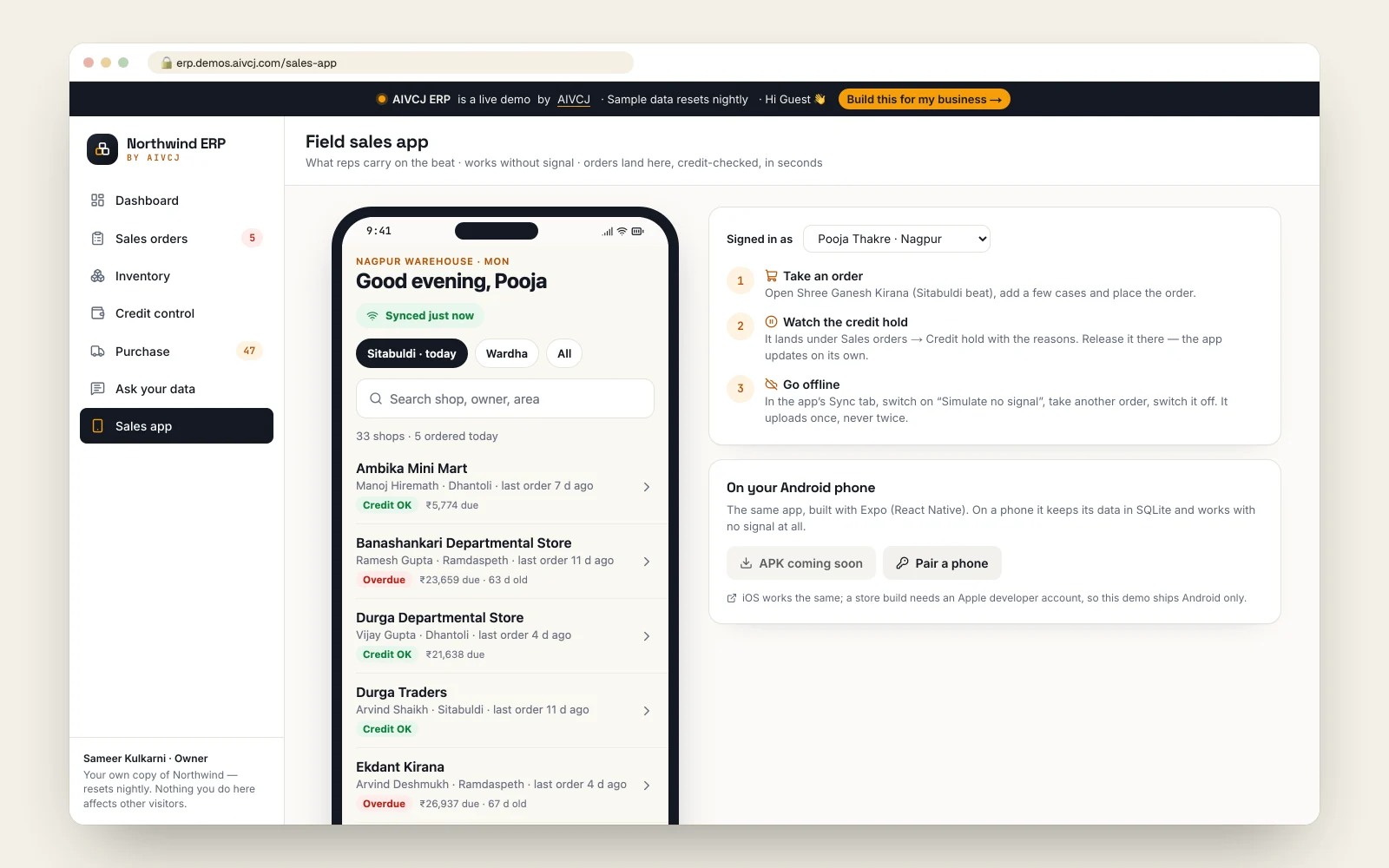 The field sales app, live inside the ERP